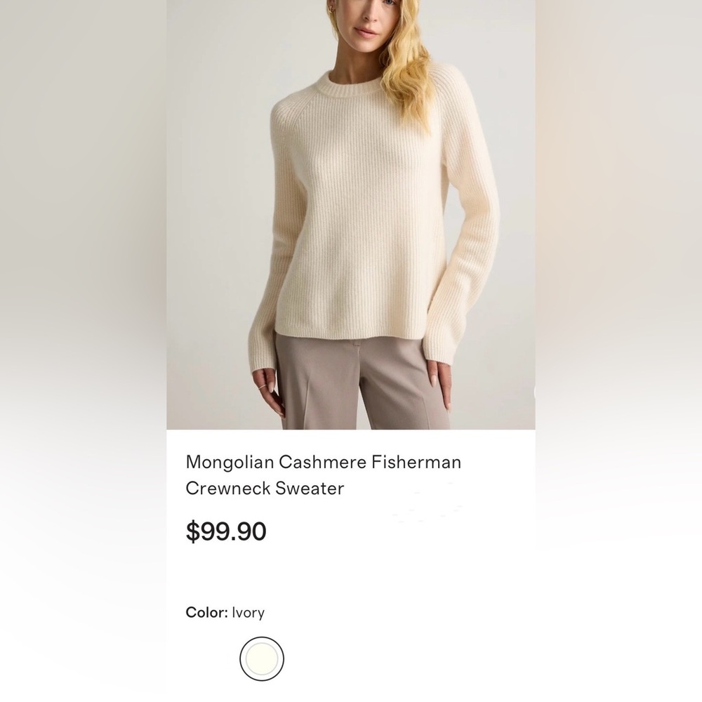 Quince Mongolian Cashmere Fisherman Crewneck Sweater in Ivory Size Medium NWT